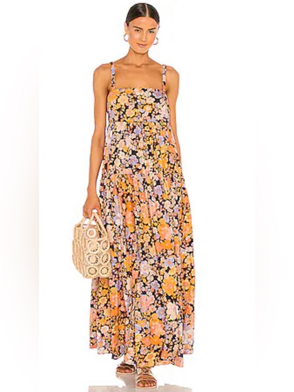 Free People Park Slope Floral Maxi Dress M Dark Combo Tiered Boho Cotton